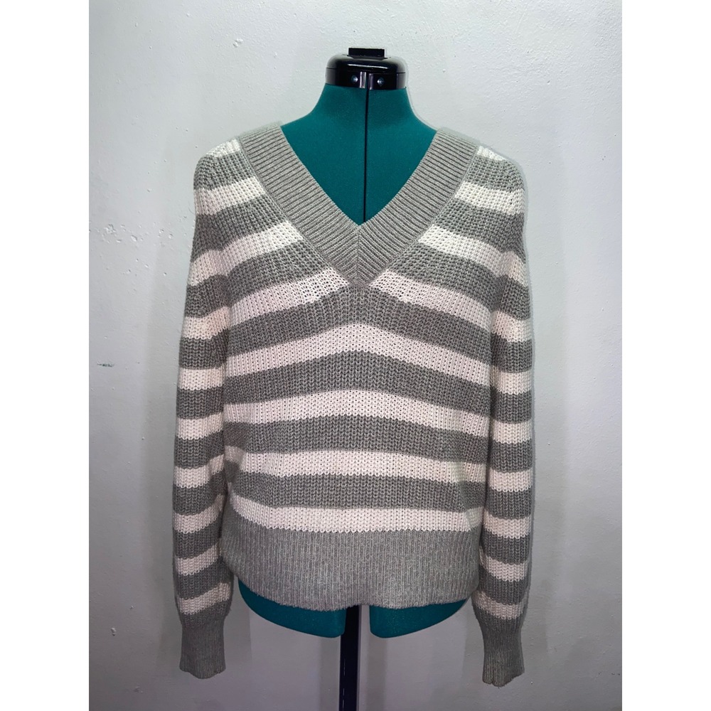 A New Day Gray White Stripe V-Neck Shaker Knit Sweater XS Cotton Blend Cozy Fall